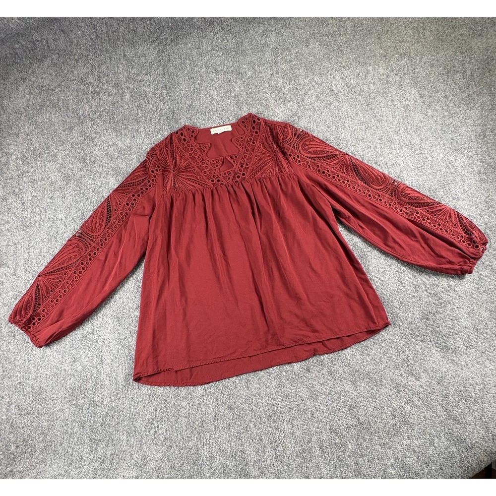 Boho Peasant Blouse Women's M Burgundy Red Lace Balloon Sleeve Romantic Festival